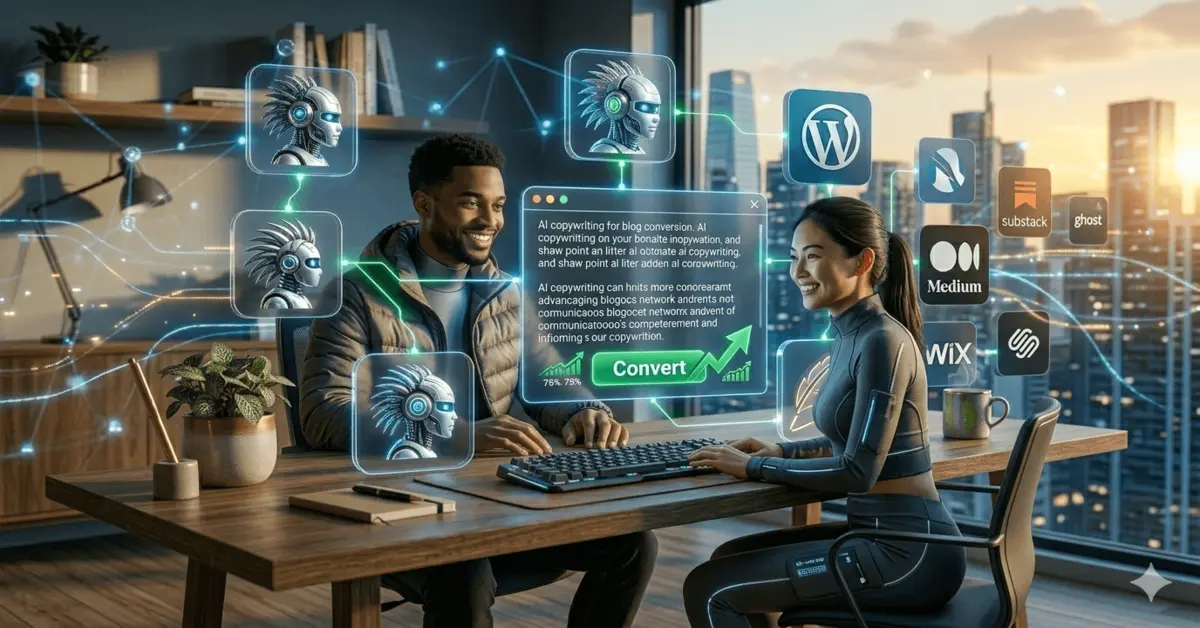 A male blogger and a female using futuristic AI copywriting tools on a holographic interface to generate high-converting blog content with high growth potential