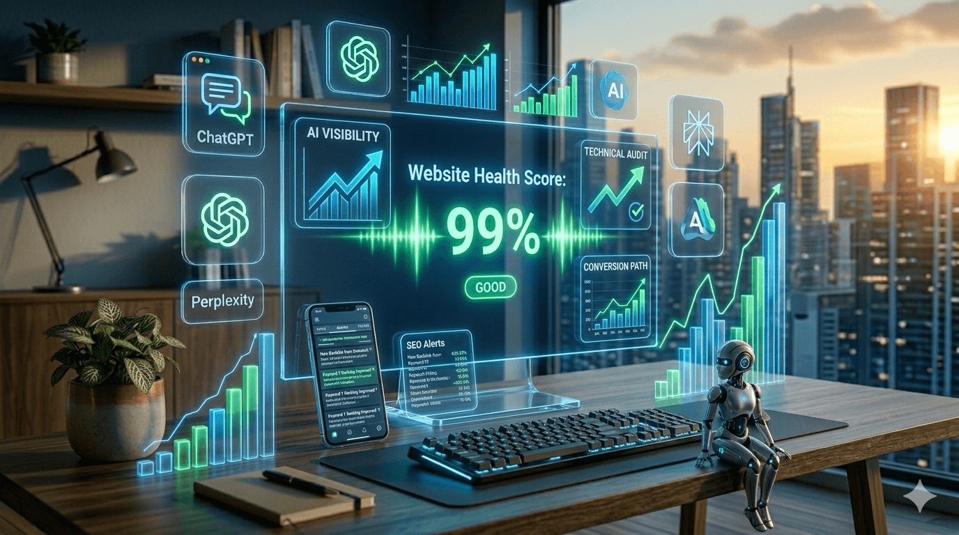 An advanced AI SEO audit dashboard showing technical health, AI search visibility, and real-time growth metrics for a website.