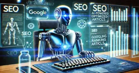 A high-tech AI-powered writer generating SEO-optimized content on a holographic keyboard, surrounded by digital analytics and Google ranking charts
