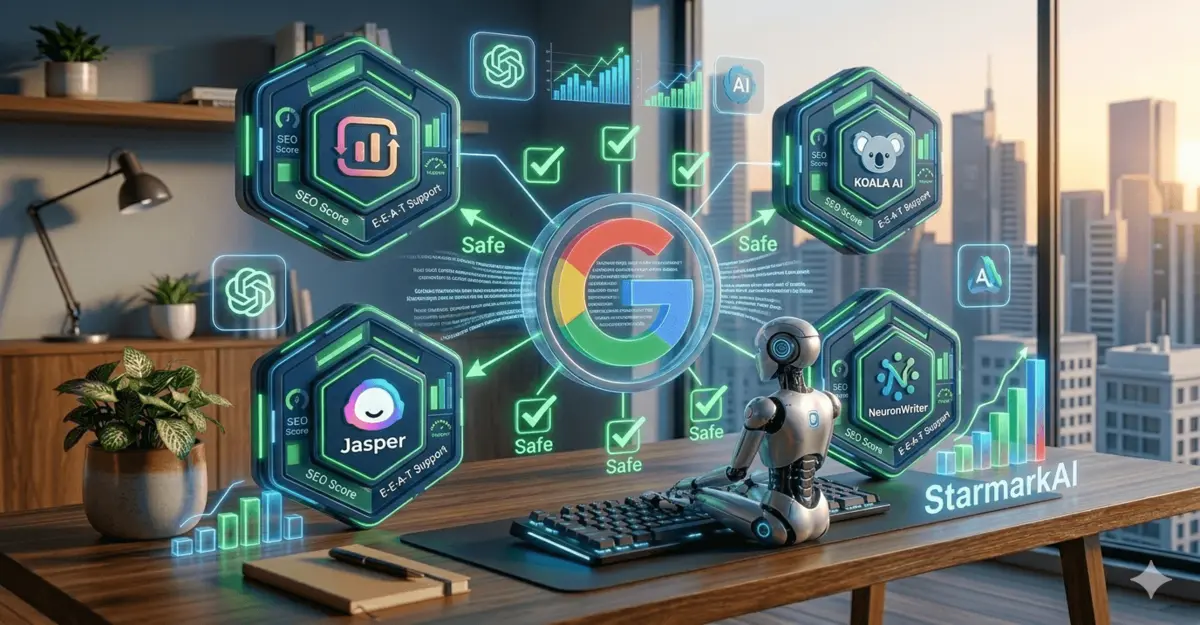 A 3D comparison illustration of AI content generators including Surfer SEO, Koala AI, Jasper, and NeuronWriter, analyzed by Google's guidelines