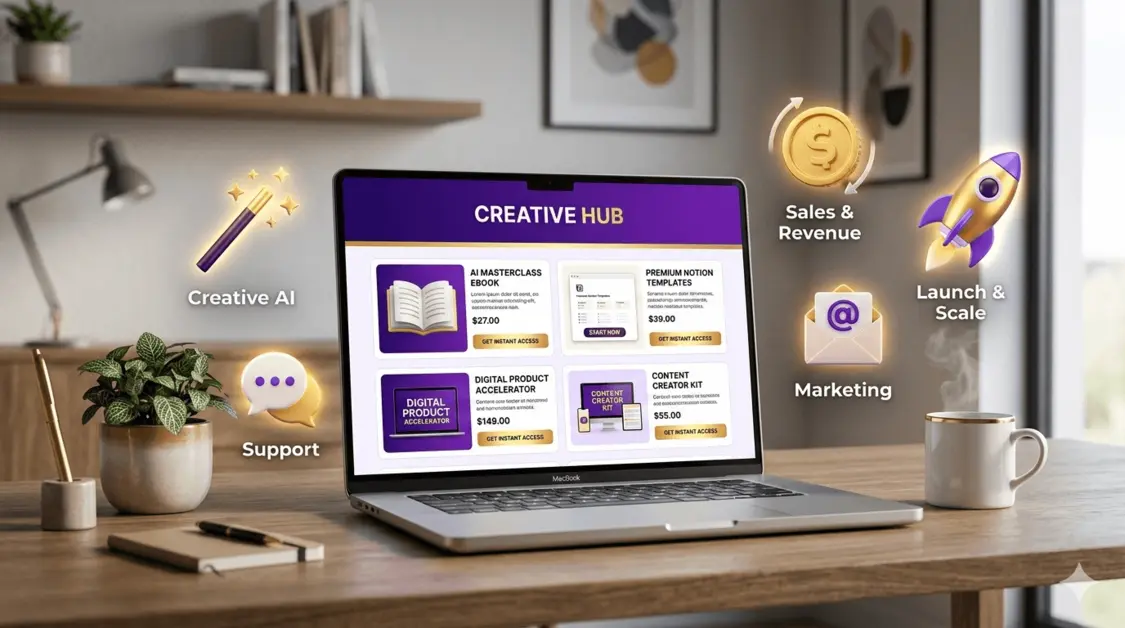 A digital creator using AI tools to design, package, and sell online products like ebooks and courses.