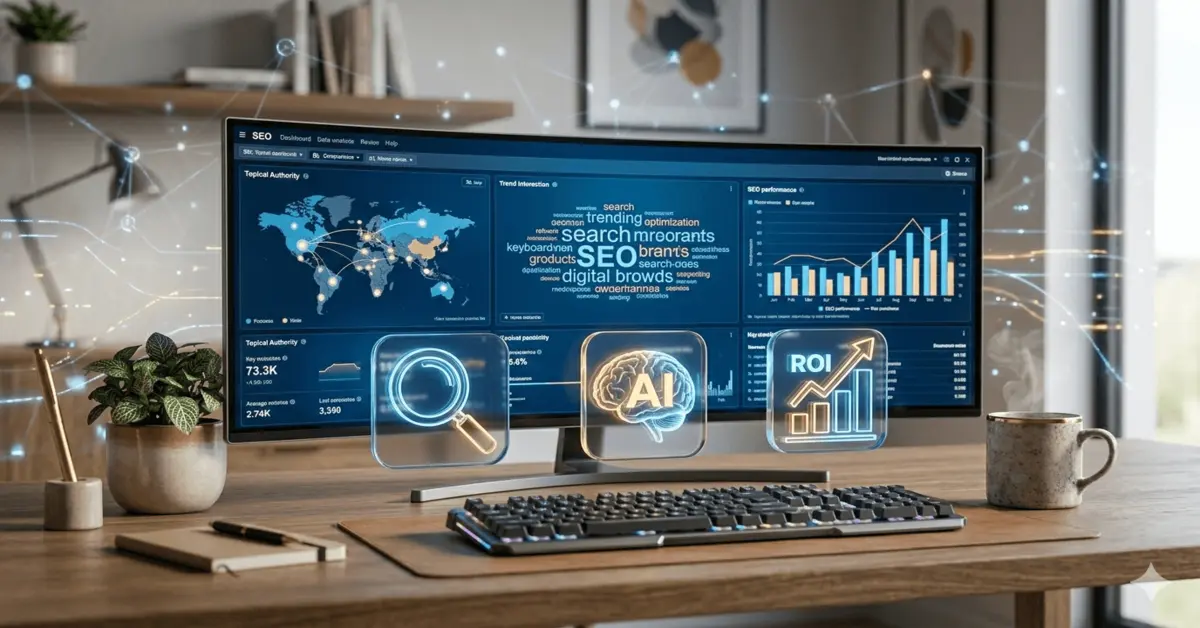 A futuristic SEO dashboard comparing data from **Top AI Keyword Research Tools** for high-ROI search terms — StarmarkAI