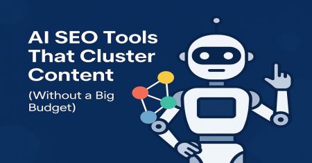 Illustration of a robotic AI system organizing digital SEO content clusters on a futuristic interface