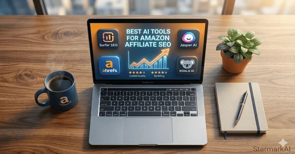 A professional minimalist home office setup with a laptop screen showing AI tools for Amazon Affiliate SEO and commission growth charts by StarmarkAI