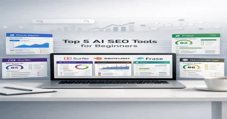 Top 5 AI SEO tools for beginners including Surfer SEO, SEMrush, Frase.io, Rank Math, and NeuronWriter shown on a modern digital workspace
