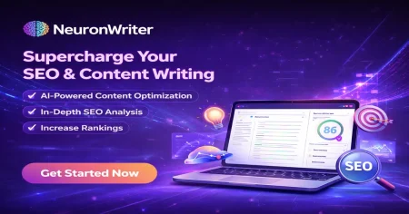 NeuronWriter logo with a laptop displaying AI-powered SEO dashboards and futuristic digital effects