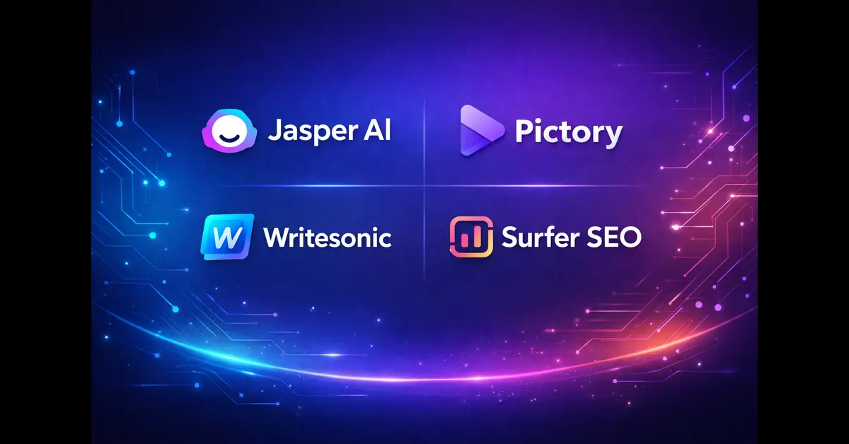 Top trending AI tools with affiliate programs including Jasper AI, Pictory, Writesonic, and Surfer SEO displayed on a futuristic tech background