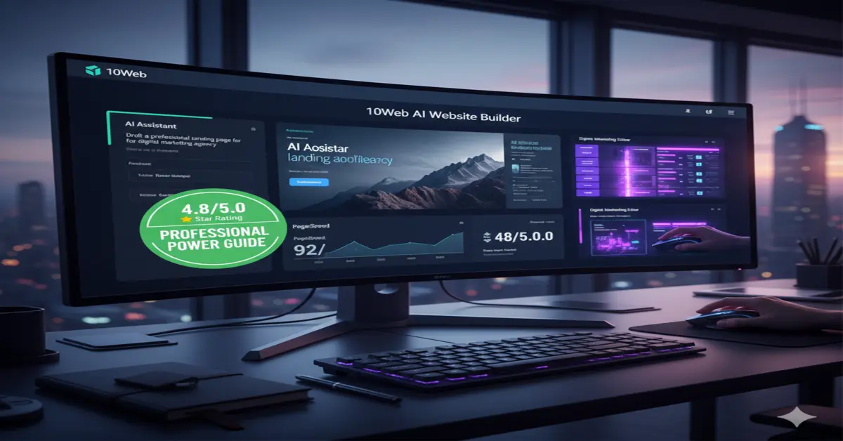 A high-tech monitor displaying the 10Web AI Website Builder review interface with a professional power guide badge.