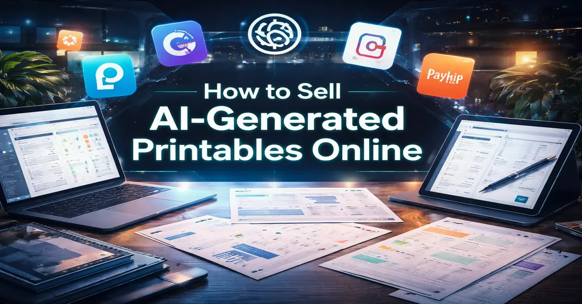 Cinematic tech-style workspace showing AI-generated printables with Canva, Etsy, Gumroad, and Payhip icons for selling digital printables online – StarmarkAI