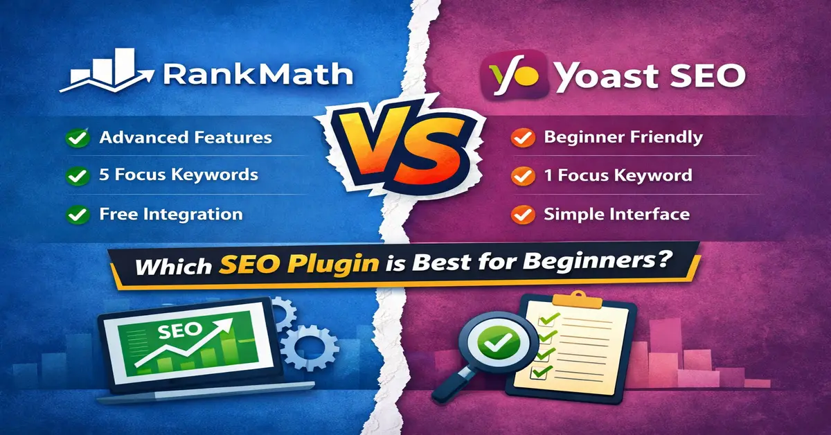 Comparison between Rank Math and Yoast SEO dashboard for WordPress beginners.