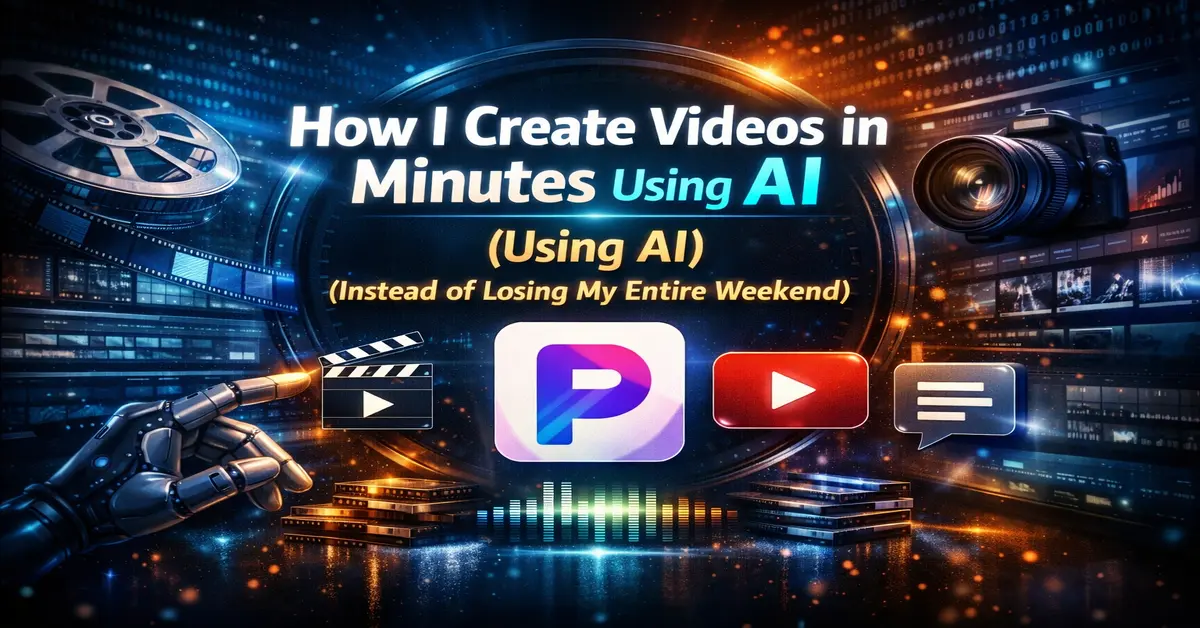 Cinematic tech-style illustration showing AI video creation workflow with Pictory logo, video editing tools, and futuristic visuals for StarmarkAI