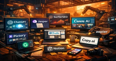 Cinematic workspace showing essential AI tools for freelancers in 2026 including ChatGPT, Jasper, Canva AI, SurferSEO, Pictory, Trello, and Zapier
