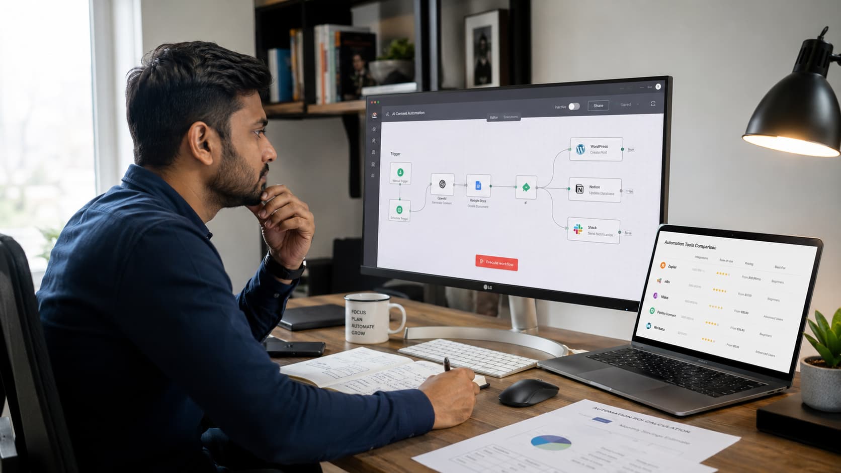 Solopreneur comparing Zapier alternatives for AI automation workflows